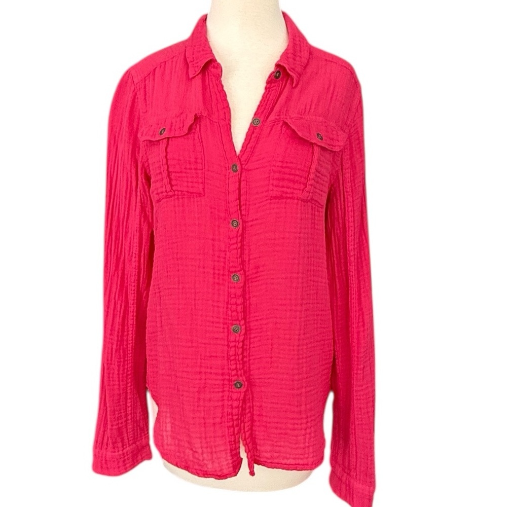 We the Free Magenta Pink Long Sleeved Gauze Button Up Lightweight Pockets Sz Med